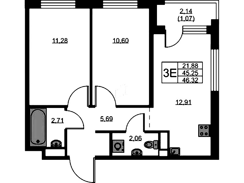2-комнатная квартира 46.32 м², 5/9 эт., ЖК «GloraX Новоселье»